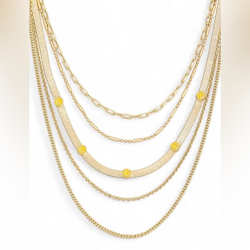 Multi Chain Layered Smiley Pendant Necklace SKU:MMN8600-GOLD-1